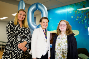 Minister for Health Amber-Jade Sanderson standing with the first heart transplant recipient, Rachel Boggs.