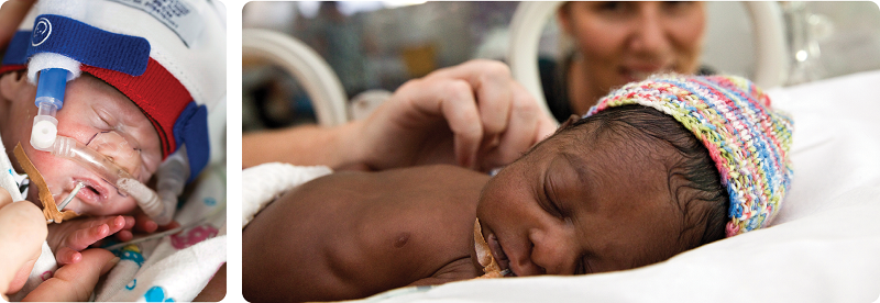 Two premature babies receiving care at the Child and Adolescent Health Service's Neonatology service, lying in cribs