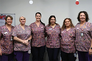 Six members of the Fiona Stanley Hospital Boodjari Bidi Clinic team stand side-by-side