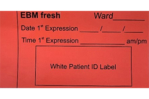 Red label reads EBM Fresh. There are spaces to record the ward number, date and time of first expression and to attach a white patient ID label