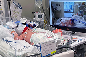 A small neonatal baby lays on its stomach inside a crib. Beside the crib an image of the baby as it lays in the crib is visible on a monitor.