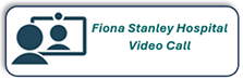 Button features the outline of a person's head and shoulders sitting in front of a computer monitor on which appears another person's head and shoulders. Text reads Fiona Stanley Hospital video call