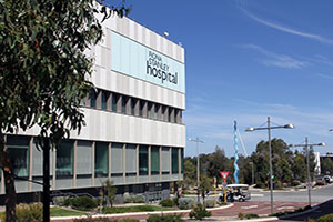 Photograph of the exterior of a Fiona Stanley Hospital building